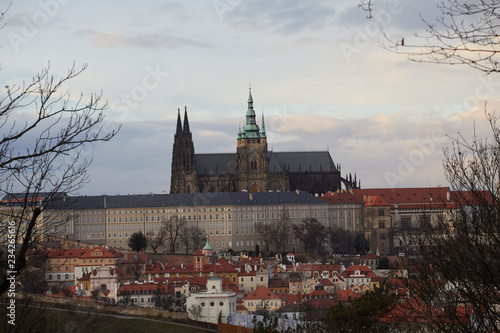 Houses with traditional red roofs in Prague, Czech Republic. View from above