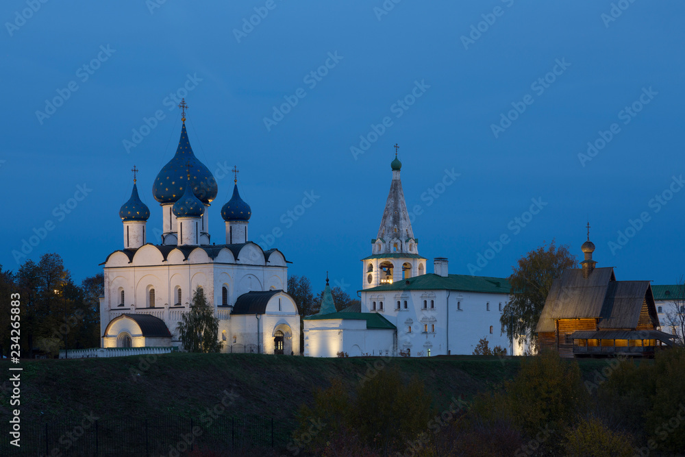 Beautiful view of the Suzdal Kremlin in night. Russia