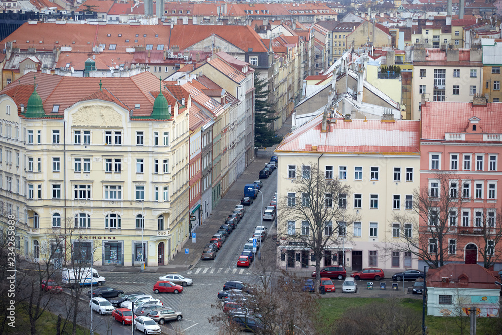 Houses with traditional red roofs in Prague, Czech Republic. View from above