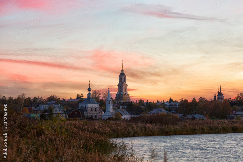 Fototapeta premium Church in Suzdal in sunrise. Gold ring of Russia