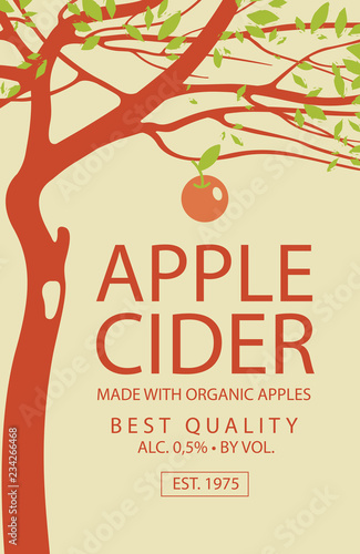 Vector label for apple cider with decorative apple tree and fruit in retro style on beige background
