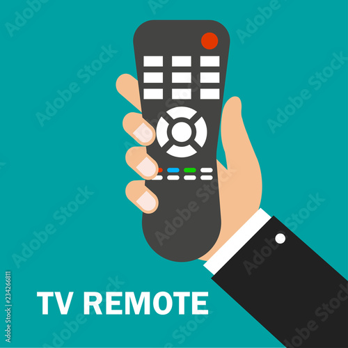 TV remote control. Distance control. Remote device. Hand holding TV remote. Green background. Vector illustration