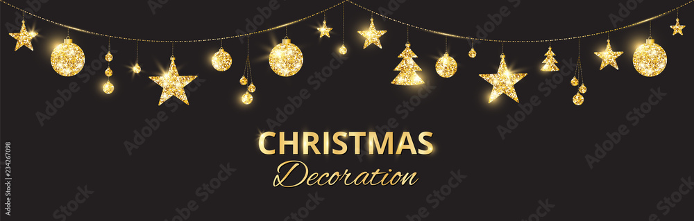 Christmas golden decoration on black background. Holiday vector frame, border.