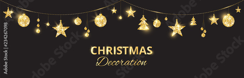 Christmas golden decoration on black background. Holiday vector frame, border.