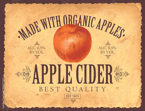 Vector label for apple cider with realistic image of an apple in retro style on the old paper background