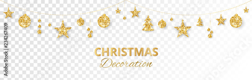 Christmas golden decoration isolated on white background. Holiday vector frame, border.