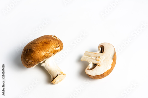 Raw mushrooms on a white background