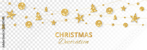 Christmas golden decoration isolated on white background. Holiday vector frame, border.