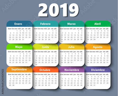Calendar 2019 year vector design template in Spanish.