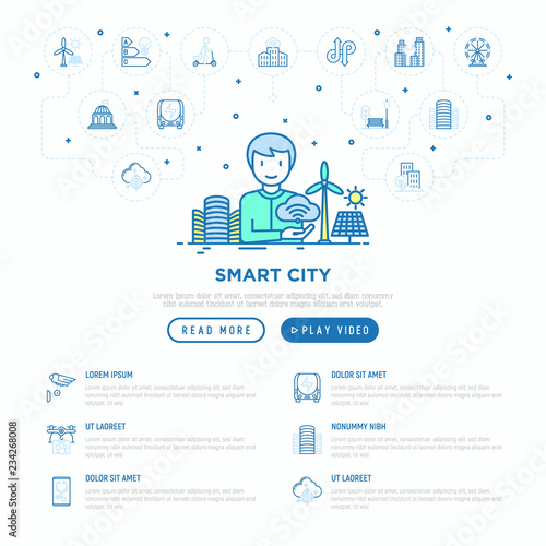 Smart city concept: urbanist develops city project. Thin line icons: green energy, efficient mobility, balanced traffic, electric transport. Vector illustration, web page template.