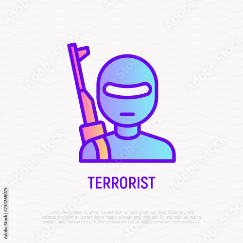 Terrorist with weapon thin line icon. Modern vector illustration of criminal.