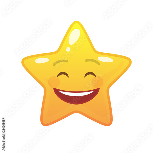 Laughing star shaped comic emoticon. Smiling face with facial expression. Glad emoji symbol for internet chatting. Funny social communication animated character. Mood message isolated vector element