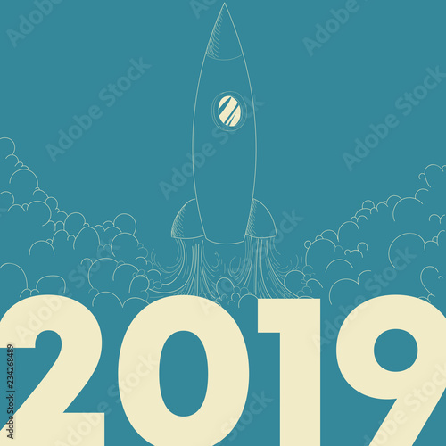 Geschenkkarte zum Durchstarten ins neue Jahr 2019 mit gezeichneter Rakete