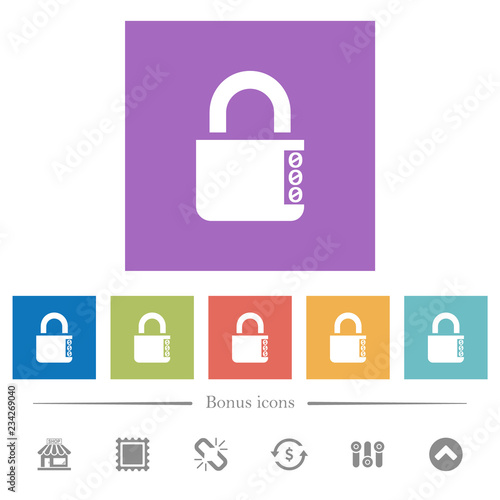 Locked combination lock with side numbers flat white icons in square backgrounds