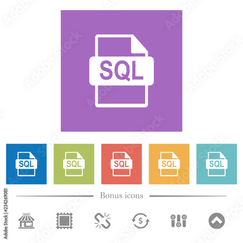 SQL file format flat white icons in square backgrounds