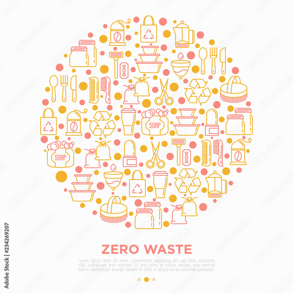Zero waste concept in circle with thin line icons: menstrual cup, safety razor, glass jar, natural deodorant, hand coffee grinder, french press. Vector illustration, print media template.