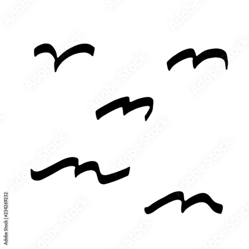 hand drawn vector sketch or illustration and set of simple birds silhouettes flying in the air for freedom