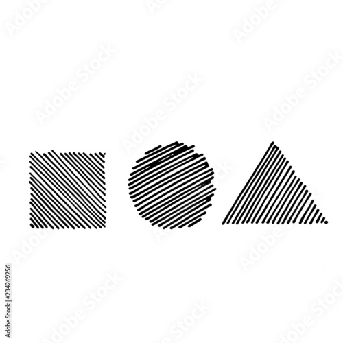 hand drawn set of basic geometrical shapes with black hatch on white background suitable for geometry or math classes