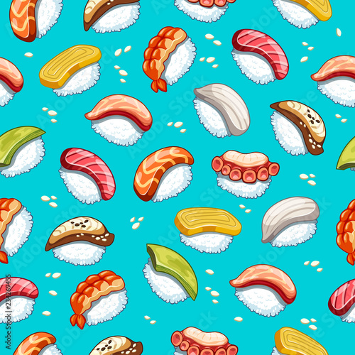 Vector kawaii seamless pattern japanese food illustration for shop design on blue background and with sesame .Sushi icons with tuna, salmon, eel, avocado, omelette, octopus, shrimp.