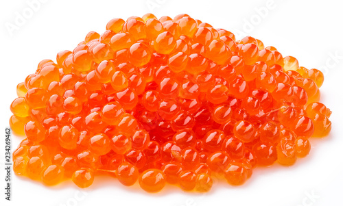 Canvas Print Red caviar on on white background close-up.