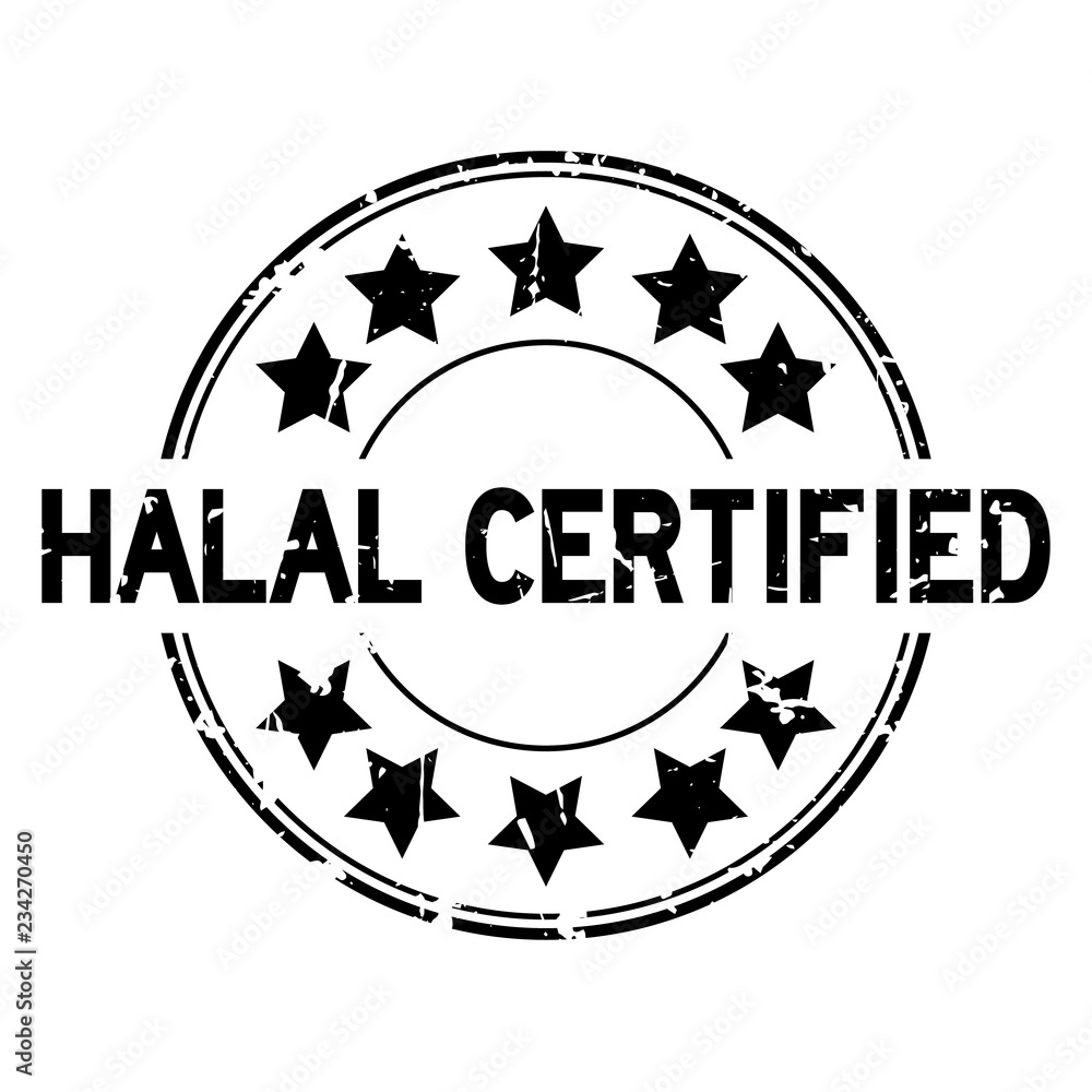 Grunge black halal certified word with star icon round rubber seal stamp on white background Grunge black halal certified word with star icon round rubber seal stamp on white background