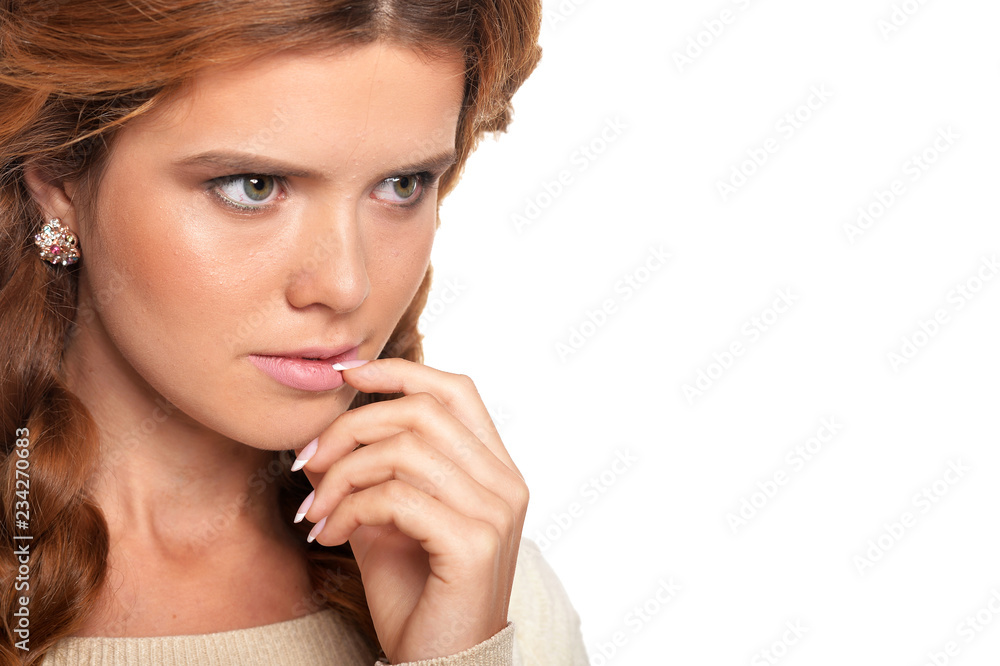 Portrait of beautiful woman posing on white background Portrait of beautiful woman posing on white background