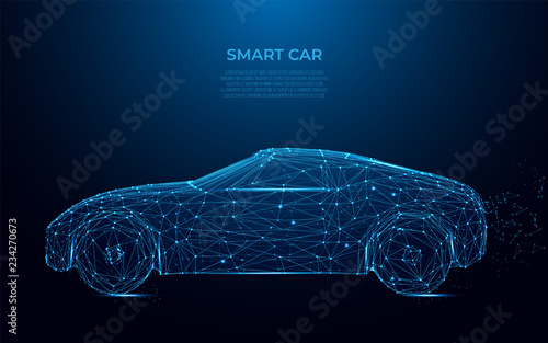 Smart Car. Abstract image of a smart car in the form of a starry sky or space. Cars vector wireframe concept. Polygon vector design. Speed, drive, fast race auto style, power concept vector 