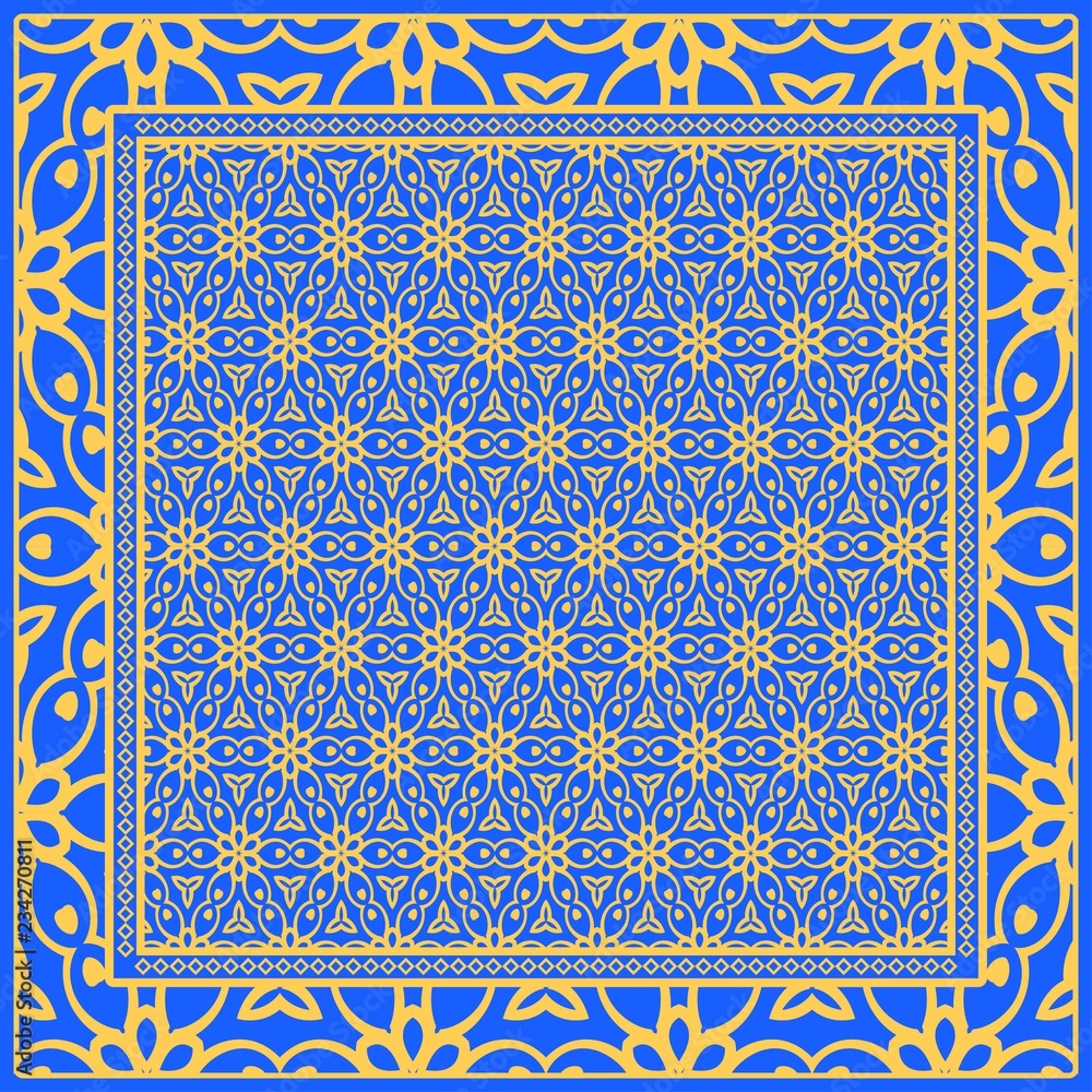 Template Print for Fabric. Pattern of floral geometric ornament with Border. illustration. Seamless. For Print Bandana, Shawl, Carpet. Template Print for Fabric. Pattern of floral geometric ornament with Border. illustration. Seamless. For Print Bandana, Shawl, Carpet.