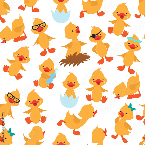 Baby duck seamless pattern. Cute ducklings kids album vector wallpaper. Duck seamless background, bird character ducky illustration