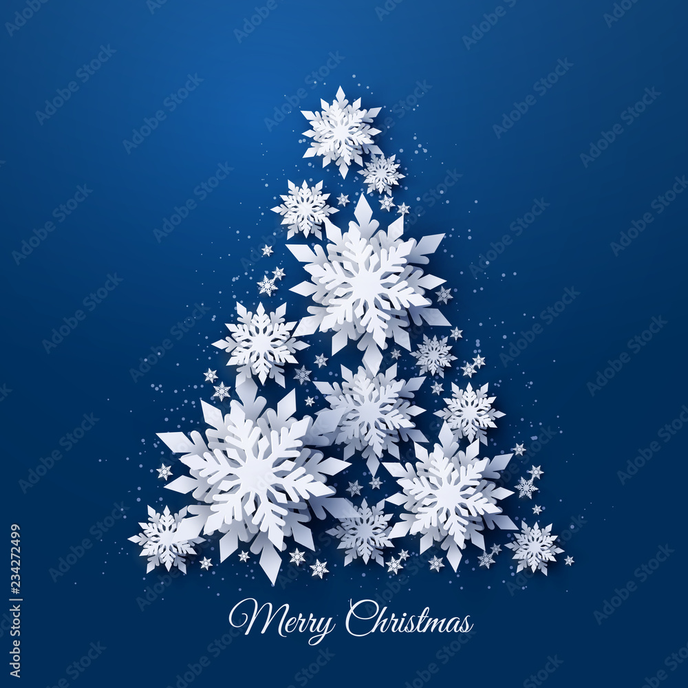 Fototapeta Wektor Boże Narodzenie i szczęśliwego nowego roku wakacje kartkę z życzeniami z choinki wykonane z białego realistycznego papieru 3d wyciąć warstwowe płatki śniegu na ciemnym niebieskim tle