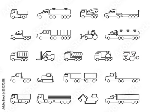 Construction machines. Trucks, tractors, delivery trailers, cargo trukcs, dumpers and heavy equipment line icons. Transportation construction machine, lorry and truck transport. Vector illustration