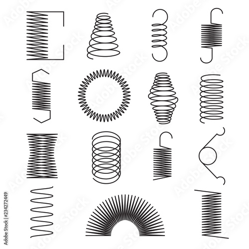 Metal spring icons. Flexible spiral lines, steel wire coils isolated vector symbols. Flexible coil and spring, spiral of part line illustration