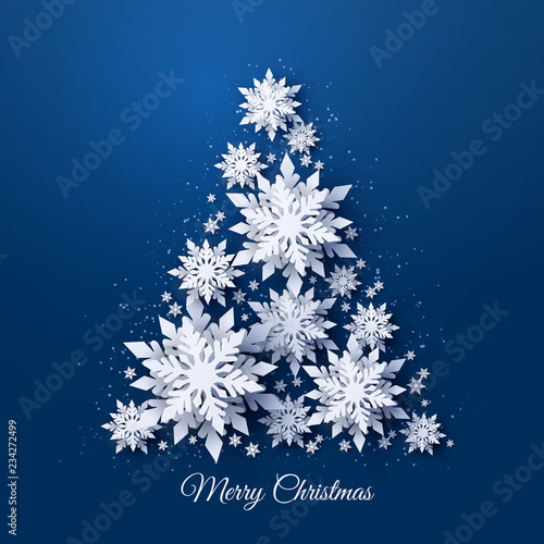 Vector Christmas and Happy New Year holidays greeting card with Christmas tree made of white realistic 3d paper cut layered snowflakes on dark blue background