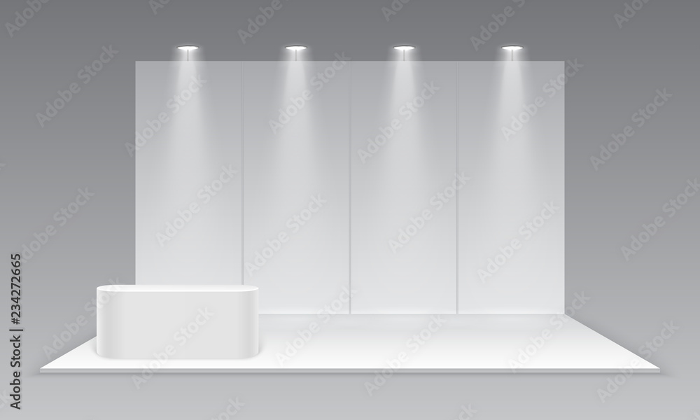 Blank exhibition trade show booth. White empty promotional advertising stand with desk. Presentation event room display. Vector mockup. Illustration of mockup area for promotional event Blank exhibition trade show booth. White empty promotional advertising stand with desk. Presentation event room display. Vector mockup. Illustration of mockup area for promotional event