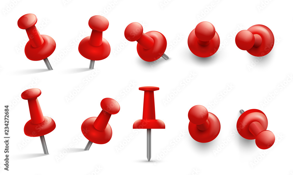Push pin in different angles. Red thumbtack for attachment. Pushpins with metal needle and red head isolated vector set. Pushpin needle, red attach thumbtack illustration Push pin in different angles. Red thumbtack for attachment. Pushpins with metal needle and red head isolated vector set. Pushpin needle, red attach thumbtack illustration