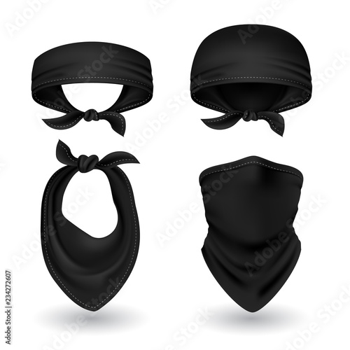 Black bandana. Cowboy or biker scarf, bandanna and kerchief. Blank handkerchief unisex uniform. Cowboy accessories isolated vector set. Cowboy bandana unisex, handkerchief black garment illustration