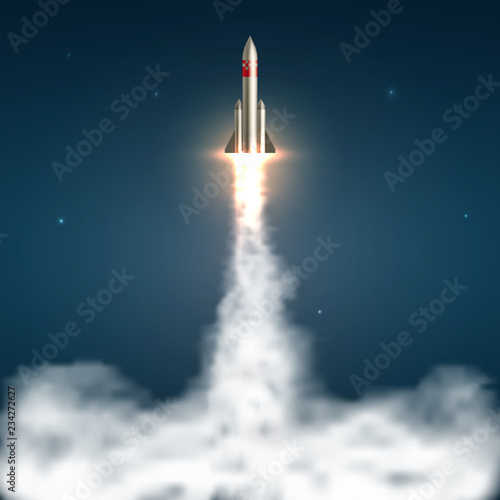 Space rocket launch. Spaceship take off with fire and jet smoky trail. Space travel and start up isolated vector illustration. Spaceship and rocket, jet launch start