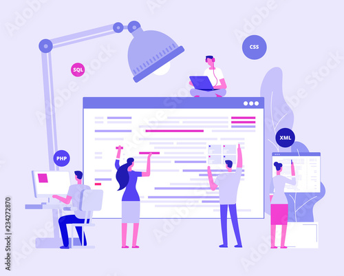 Web site development. Designers and programers create corporate site. Website coding vector concept. Illustration of development website internet page