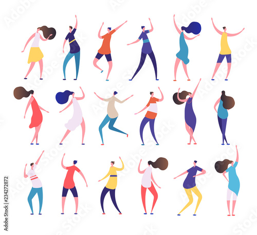 Dancing people. Cartoon stylish men and women dance on party dancing club. Clubbing people vector characters. Illustration of people on party, rhythmic dancing