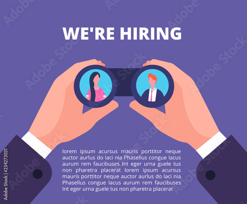We are hiring concept. Businessman, recruiter hands holding binocular with employees in lenses. Recruiting vector poster, looking in binocular and watch woman and man illustration
