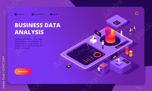 People work in team. Persons analyze financial charts in workplace. Achieve goal, modern business technology vector isometric concept. Illustration of business isometric analysis data