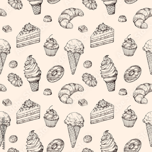 Sketch dessert seamless background. Cakes sweets cupcake and ice cream hand drawn vector wrapping texture. Illustration of cupcake and dessert, sweet food and chocolate