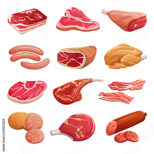 Cartoon meat set. Pork, beef and lamb raw meat products and sausages, jerky vector isolated icons. Illustration of steak pork, meat raw, sausage and bacon