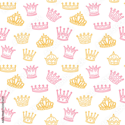 Crown seamless pattern. Golden and pink crowns for princess. Newborn girl vector background. Illustration of princess crown pattern, background seamless