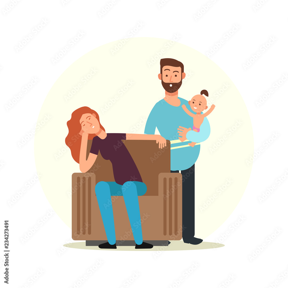 Cartoon character family. Tired mom and dad with daughter on hands vector illustration. Mother father and daughter Cartoon character family. Tired mom and dad with daughter on hands vector illustration. Mother father and daughter