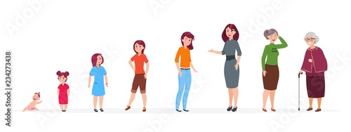 Woman in different ages. Cartoon baby girl teenager, adult women elderly person. Growth stages vector family characters. Woman and grandmother, mother and baby girl illustration