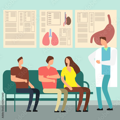 Healthcare vector concept - patients and doctor in hospital waiting room. Disabled people at doctors office. Illustration of patient waiting doctor, hospital corridor and lobby