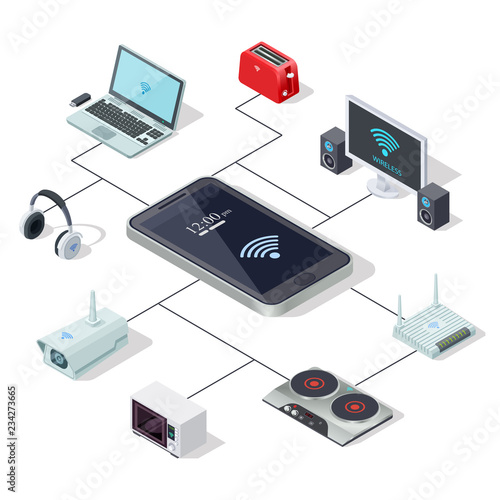 Home appliances management via smartphone - smart home isometric concept design. Vector microwave and tv control, router equipment illustration