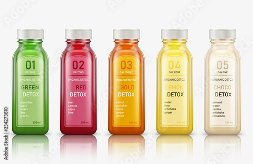 Various fresh vegetable detox juices, colourful smoothies in the bottle on a white background. Vector illustration