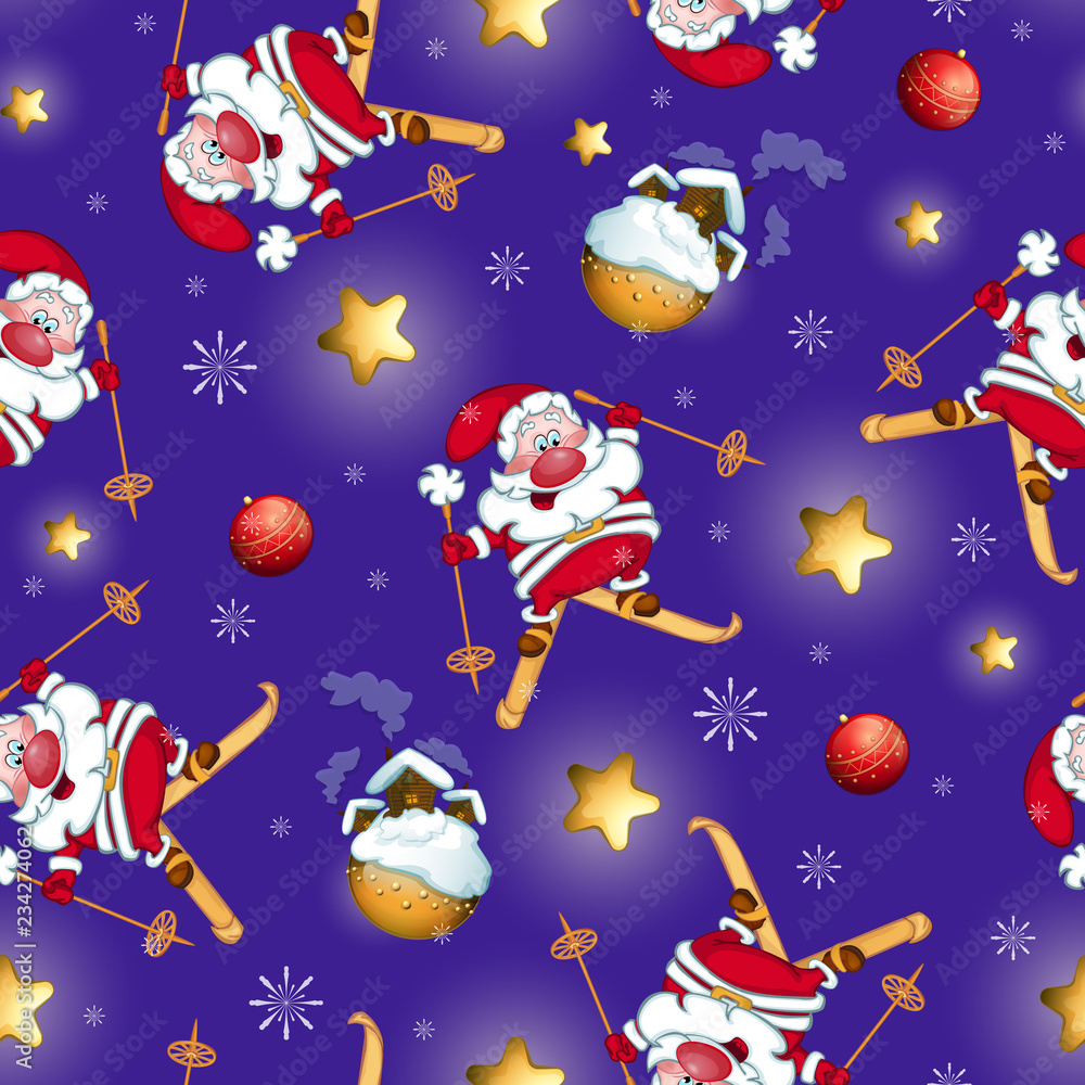 Naklejka premium Seamless festive vector pattern. Santa Claus on skis, stars, Christmas ball. Night sky background